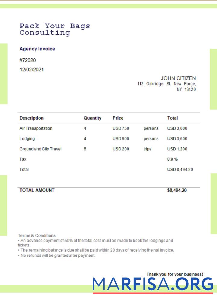 Realistic USA Pack Your Bags Consulting invoice real example